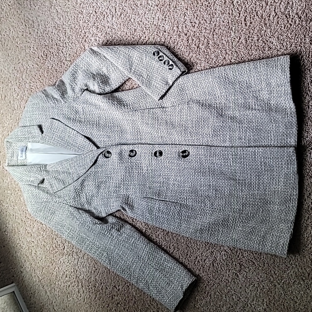 NWOT vintage Xanaka white and grey woven tweed fitted pea coat, size 10